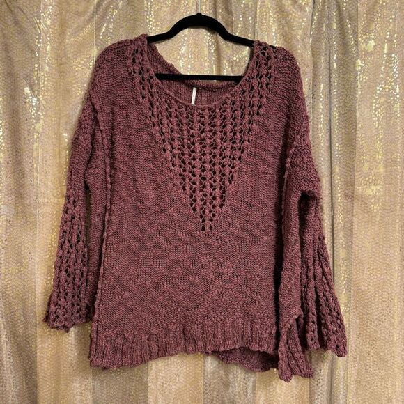 Free People Maroon Boho Chunky Open Knit Bell Sleeve Sweater Oversized XS - Picture 1 of 8